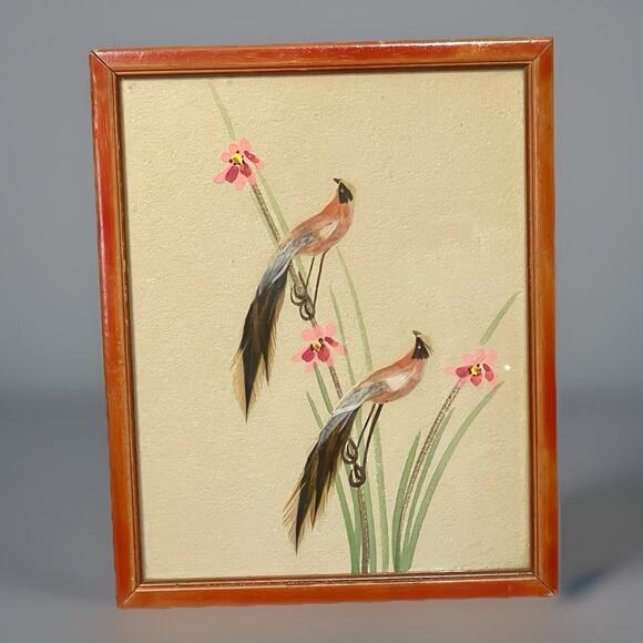Handmade Other - Vintage Feather Bird Art Pair Framed Mid Century Nature Scene Wall Decor